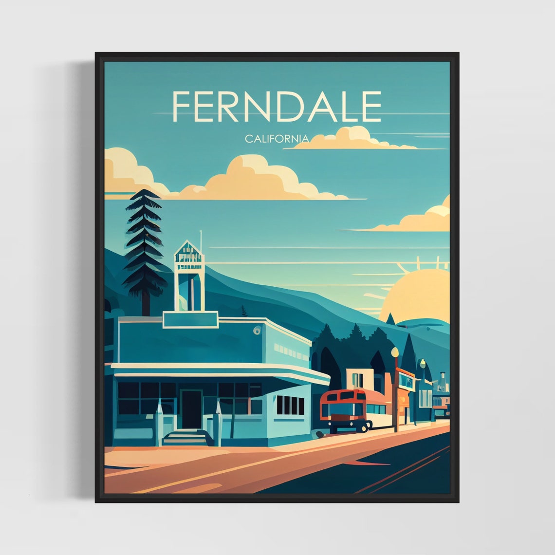 Ferndale California Retro Main Street Sunset Small Town Travel Poster