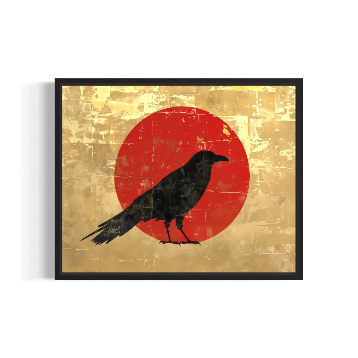 Black Crow Silhouette Perched Before Red Sun Asian Art Poster