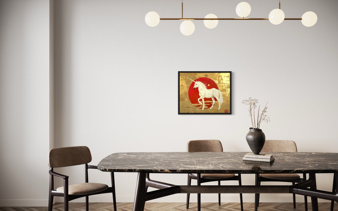 White Unicorn Galloping Before Red Sun Gold Leaf Fantasy Art Poster - Image 2