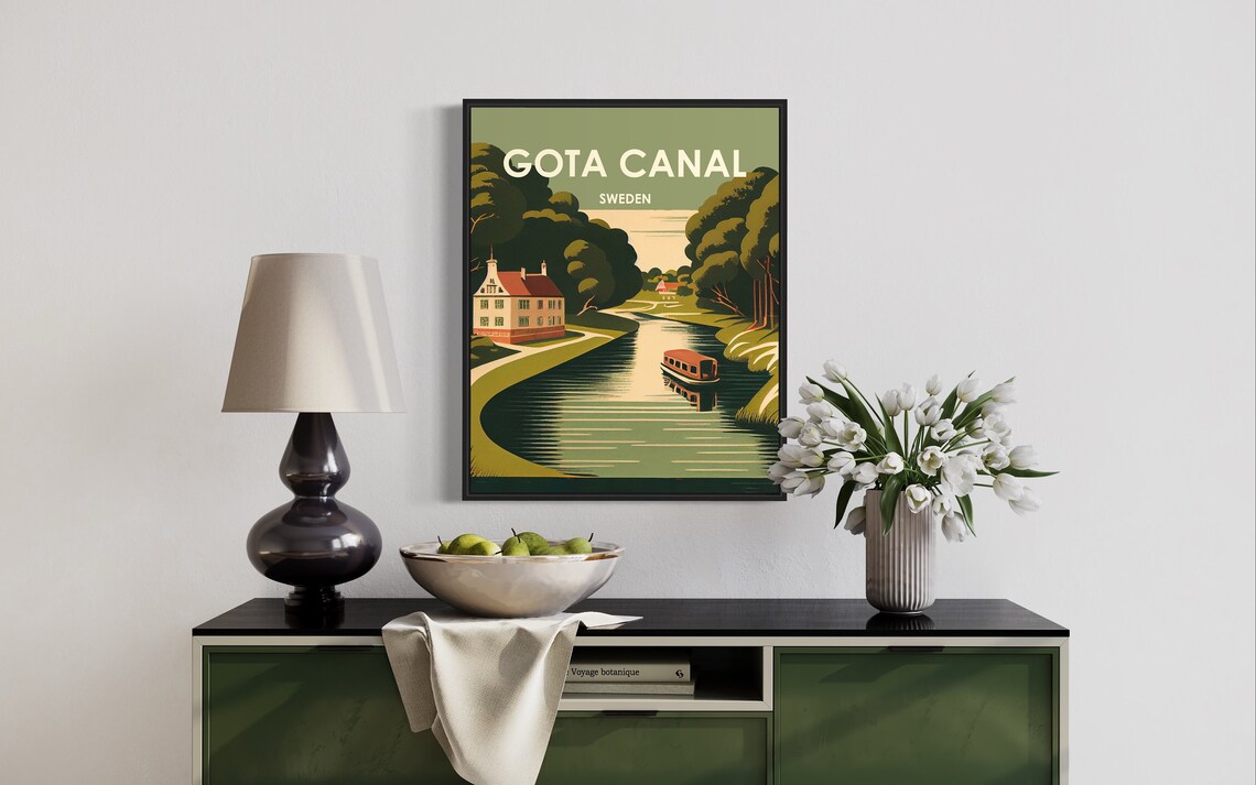 Gota Canal Sweden Boat Winding Through Green Countryside Poster - Image 2