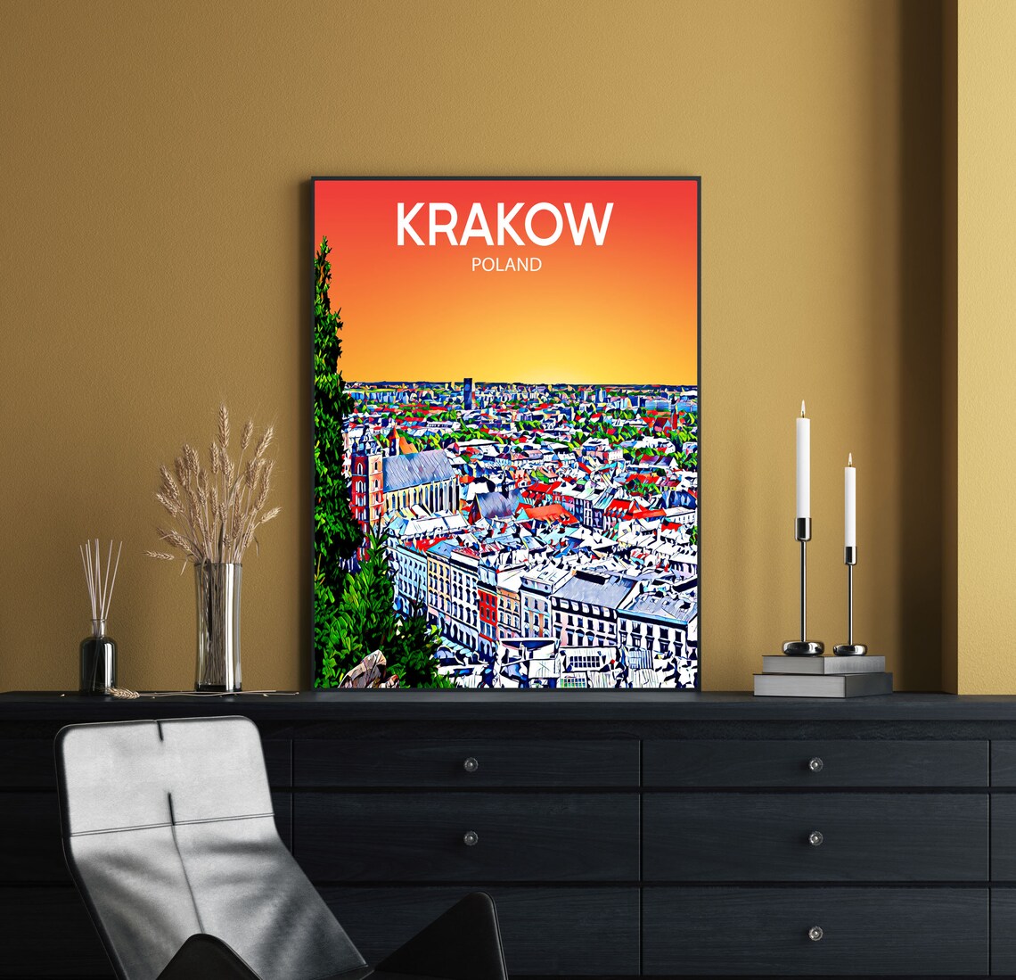 Krakow Poland Sunset Old Town Aerial Colorful Sketch Art Poster - Image 3