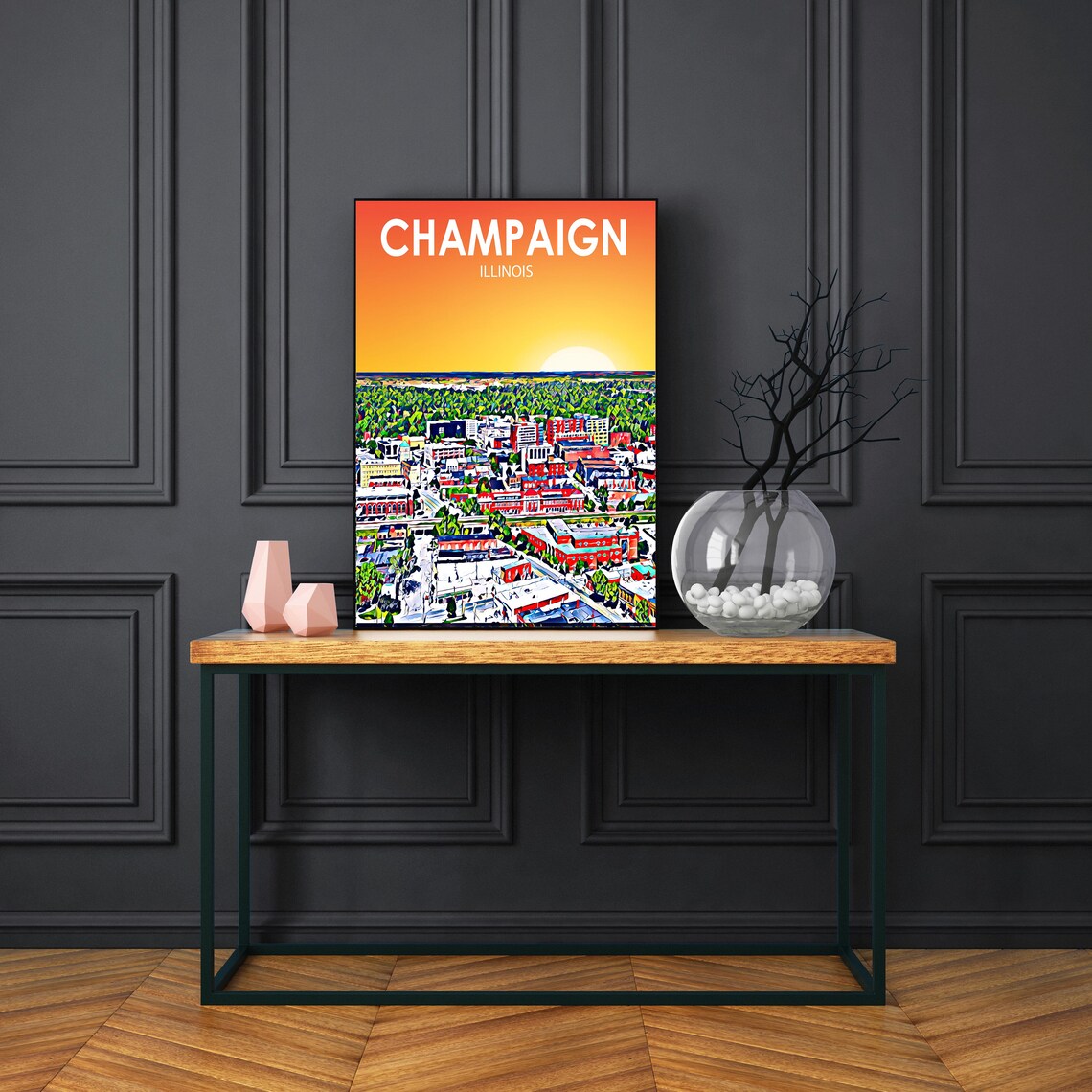 Champaign Illinois Sunset Skyline Downtown Colorful City Poster - Image 3