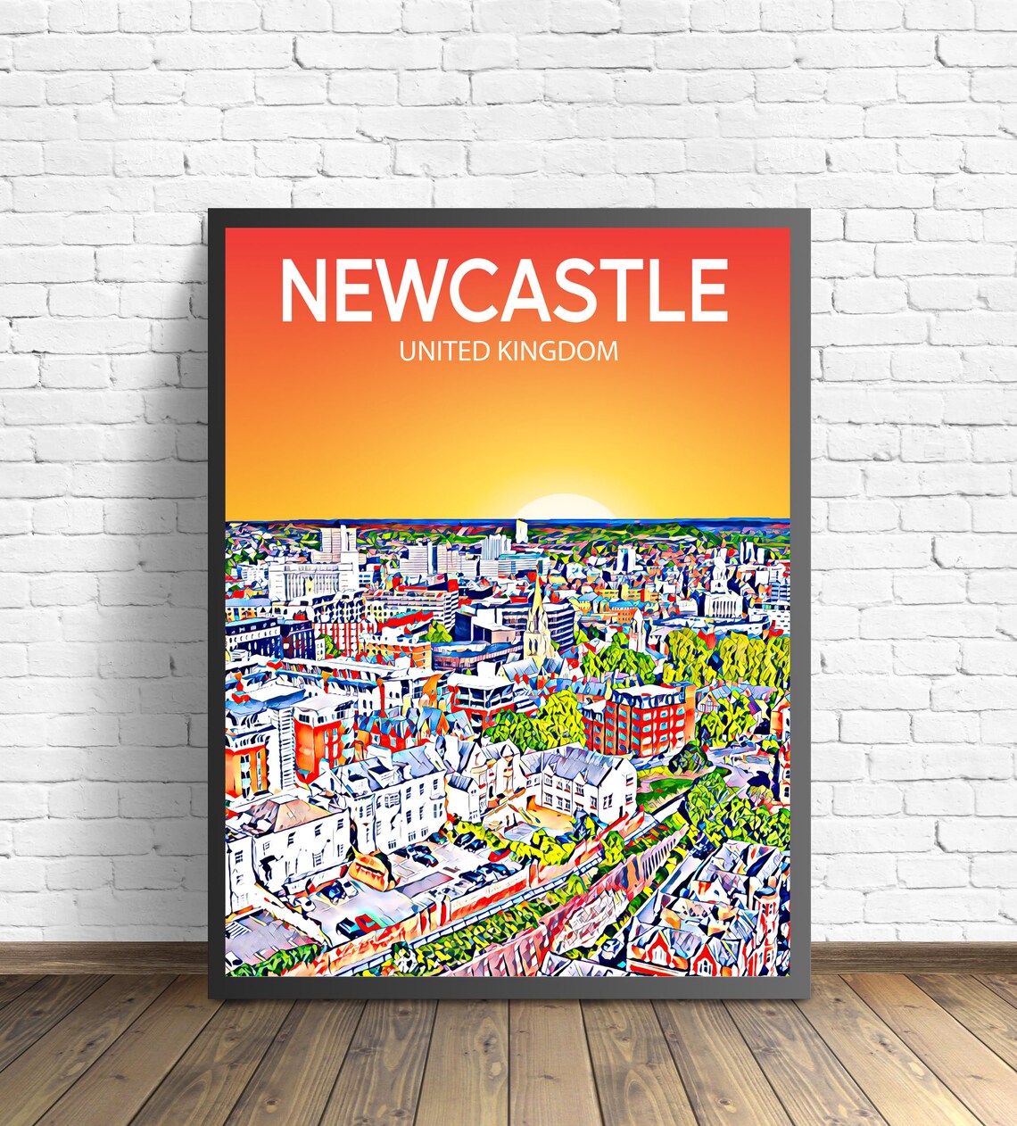 Newcastle England Sunset City Panorama River Skyline Travel Poster