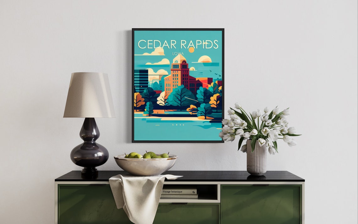 Cedar Rapids Iowa Retro Skyline Golden Sunset Riverfront Poster - Image 2