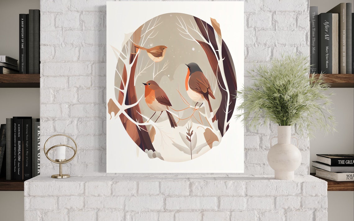 Three Robins Perched in Snowy Winter Branches Circle Art Poster - Image 3