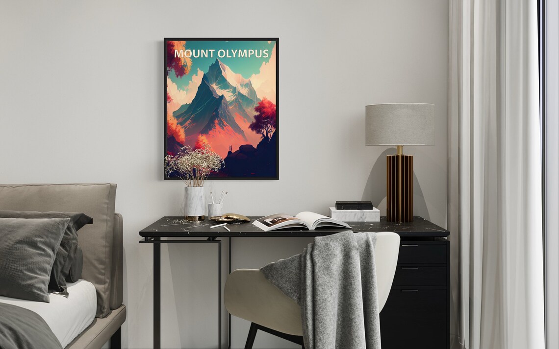 Mount Olympus Snowcapped Peak Autumn Foliage Painting Style Poster - Image 2