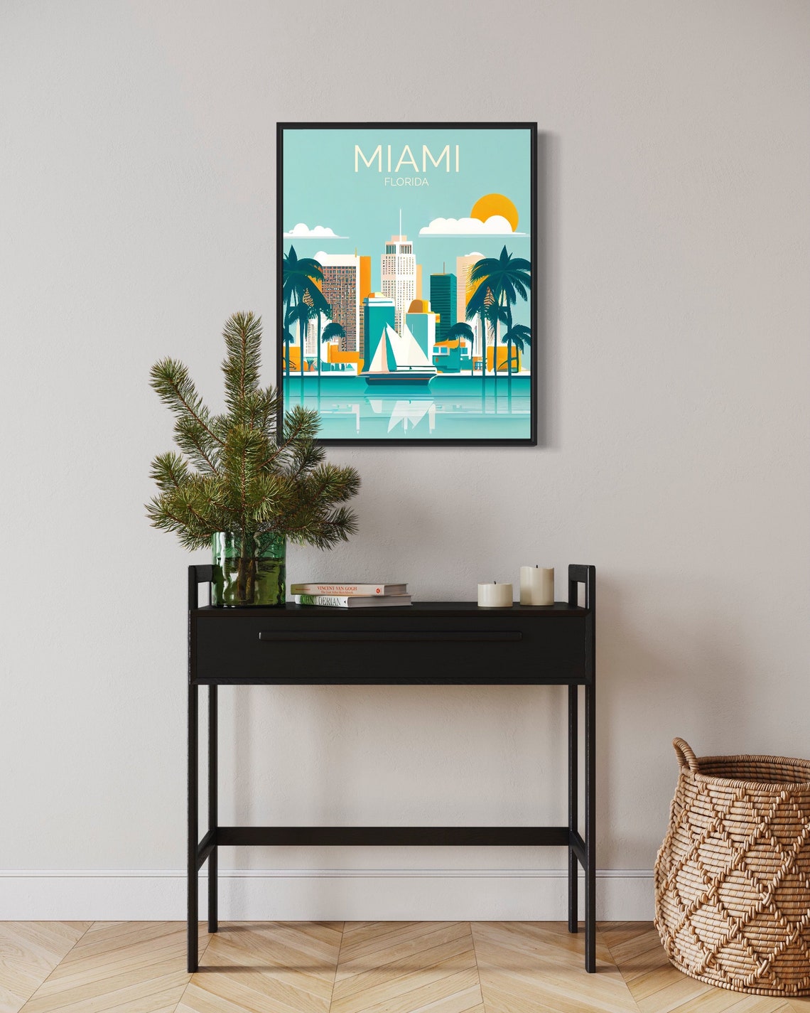 Miami Florida Skyline Palm Trees Sailboat Sunset Travel Poster - Image 2