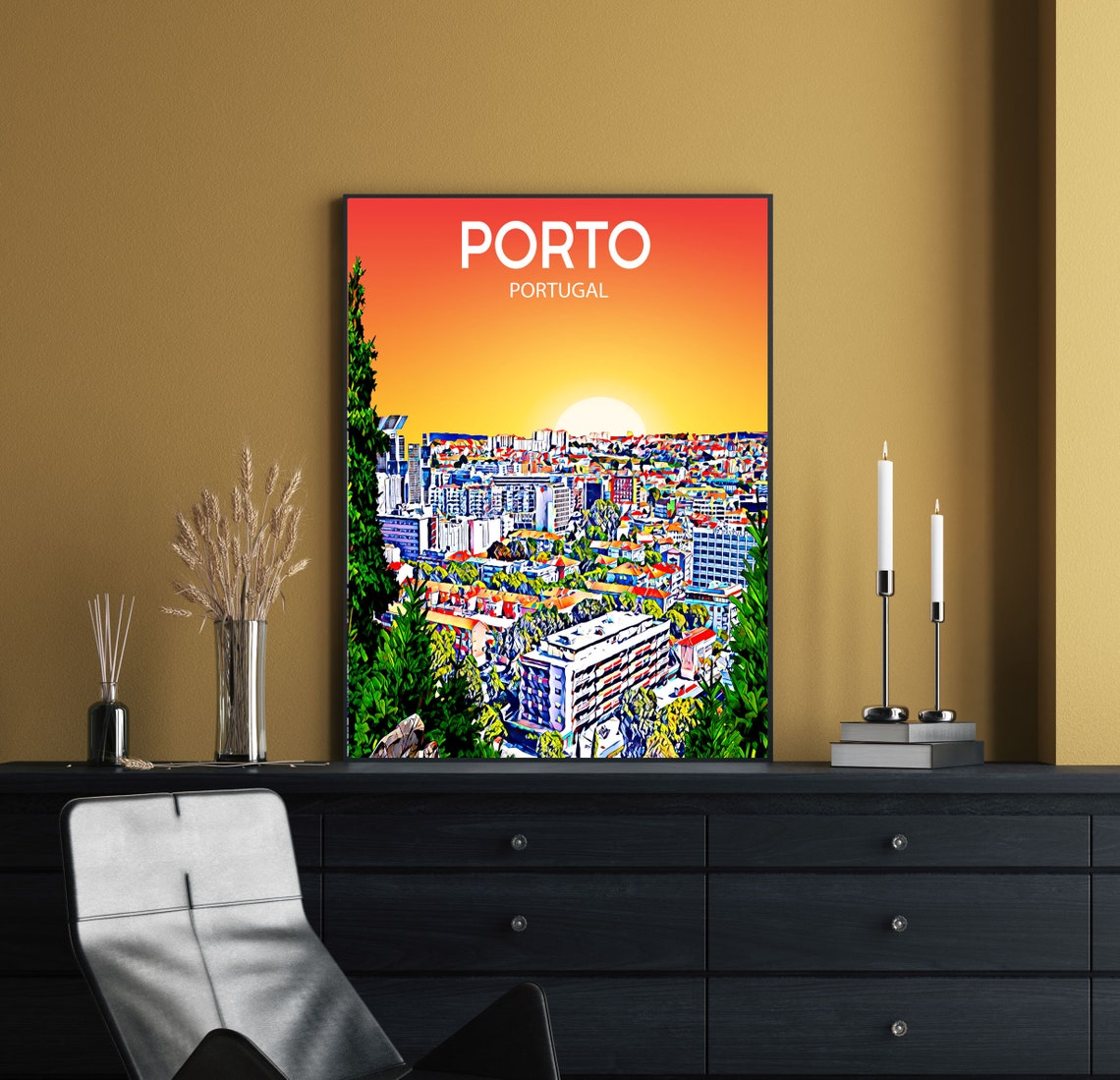Porto Portugal Art Poster Sunset Night Poster Art Print Porto City Modern Wall Art Colorful Skyline Photo Sketch - Image 2