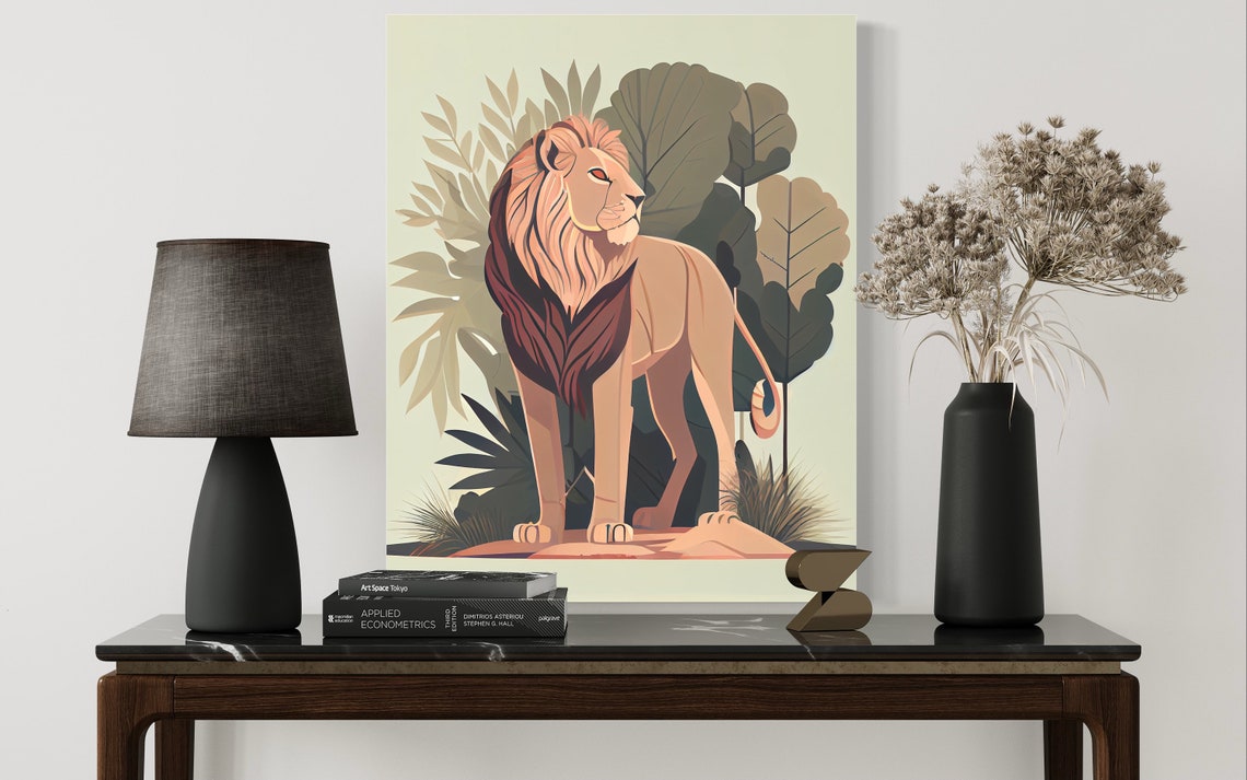 Lion Standing in Tropical Foliage Stylized Wildlife Art Poster - Image 2