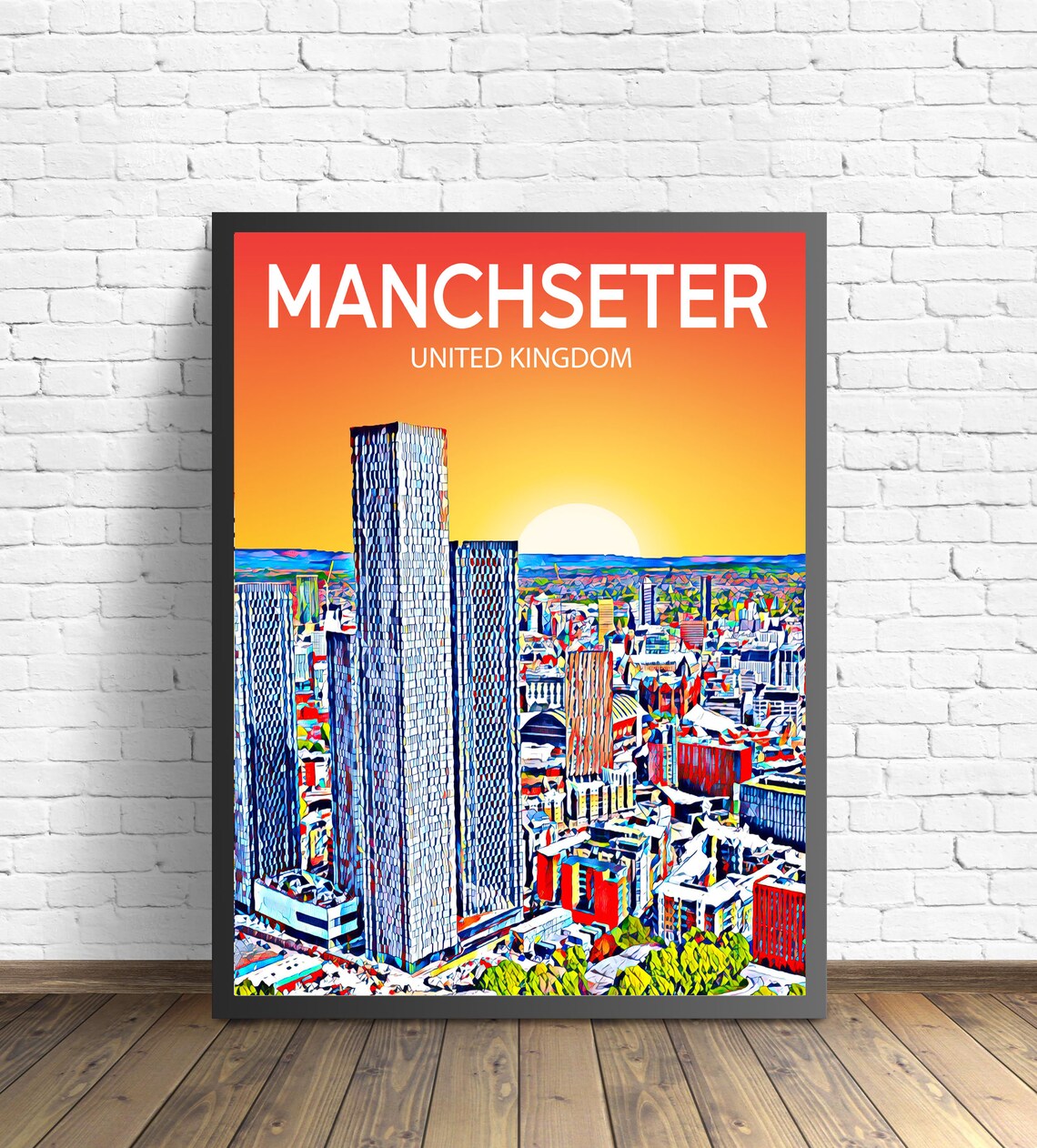 Manchester England Modern Glass Towers Sunset Skyline City Poster