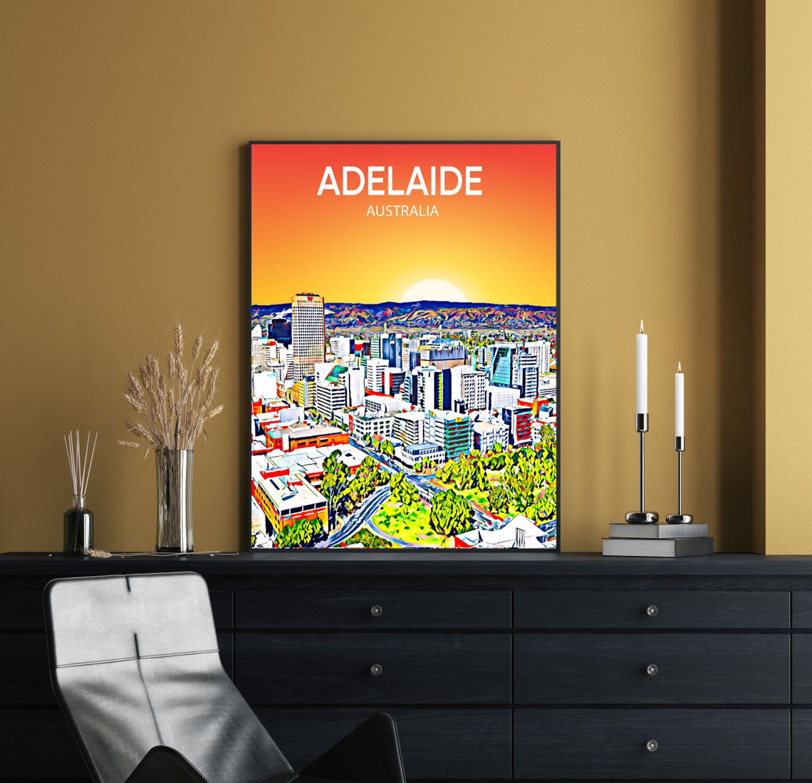 Adelaide Australia Fiery Orange Sunset Skyline City Art Poster - Image 2