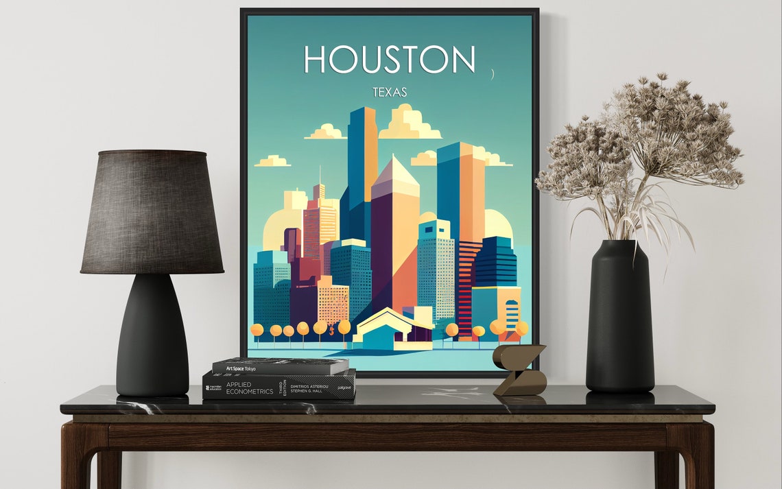 Houston Texas Retro Skyline Poster with Warm Downtown Towers - Image 3