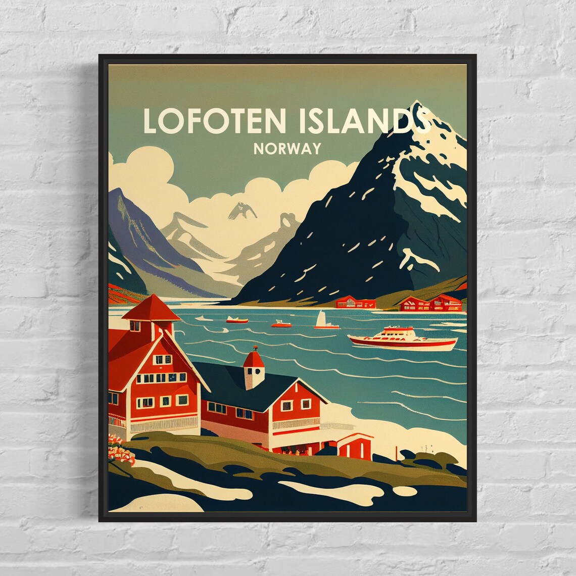 Lofoten Islands Norway Fjord Red Cabins and Boats Art Poster