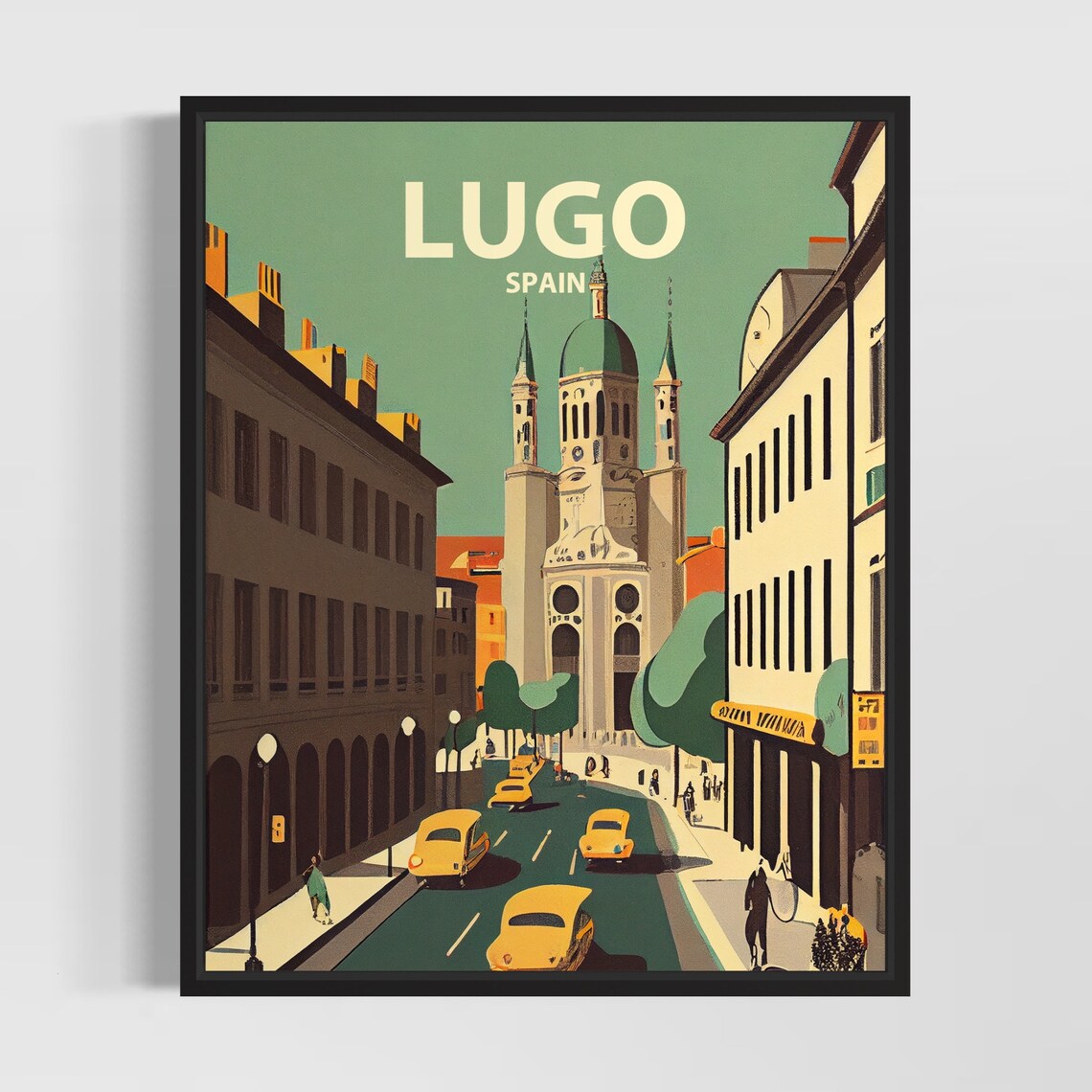 Lugo Spain Vintage Cathedral Street Classic Cars Retro Travel Poster