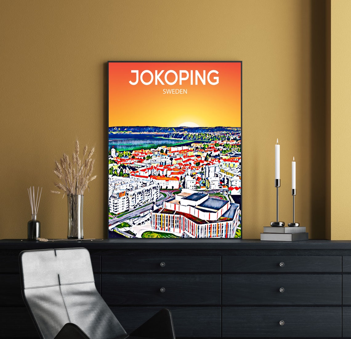 Jokoping Sweden Sunset Skyline Red Rooftops Lake View Art Poster - Image 2