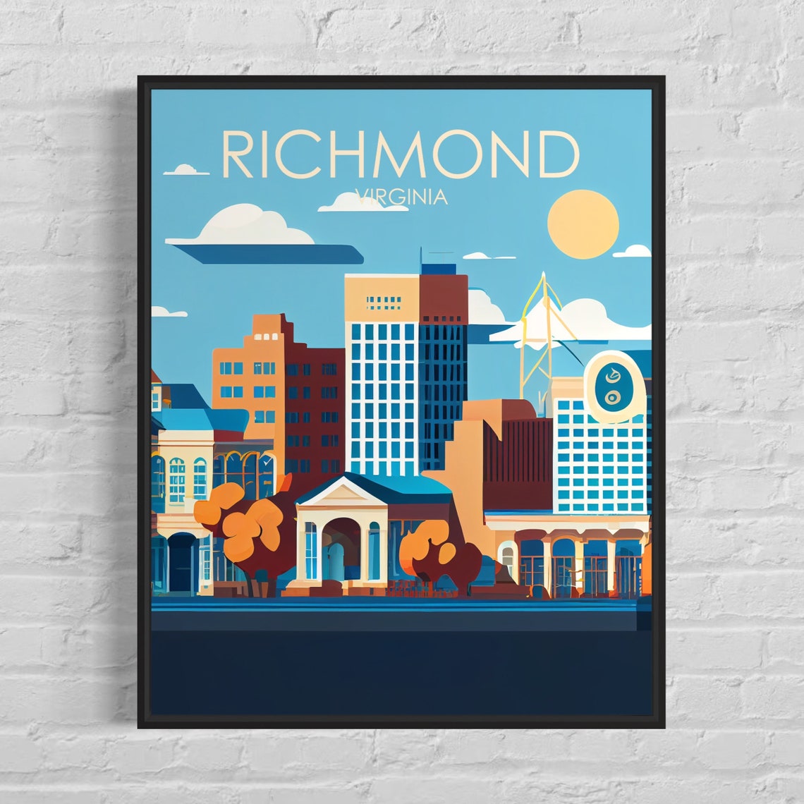 Richmond Virginia Downtown Skyline Golden Sun Retro Art Poster