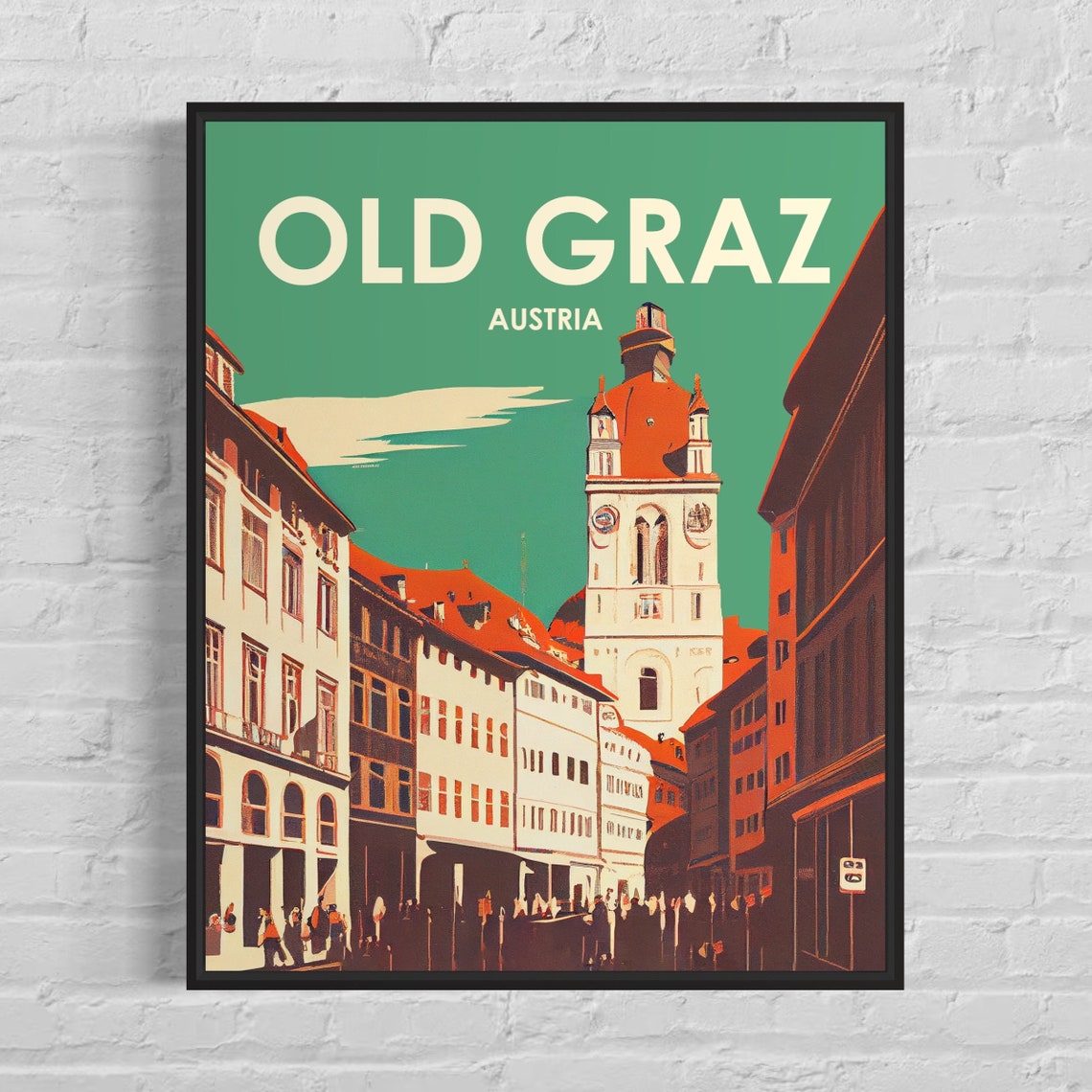 Old Graz Austria Street Scene with Clock Tower Retro Travel Poster