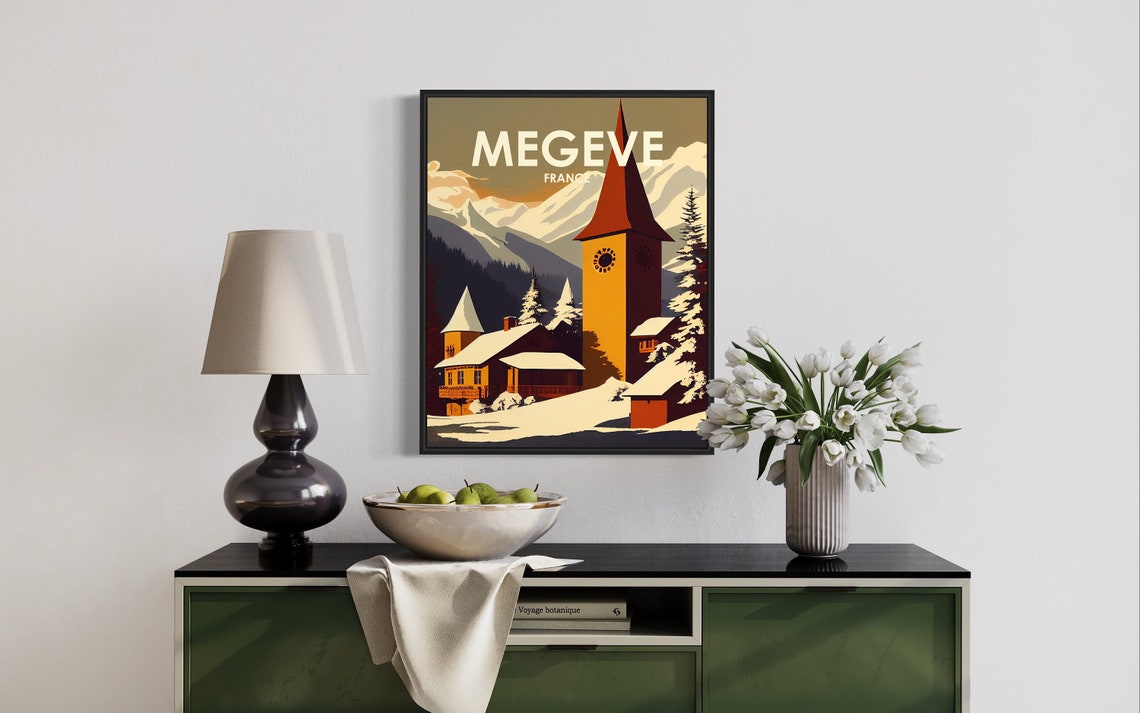 Megeve France Retro Art Print Megeve France Wall Art Illustration Megeve France Vintage Minimal Design Poster - Image 3
