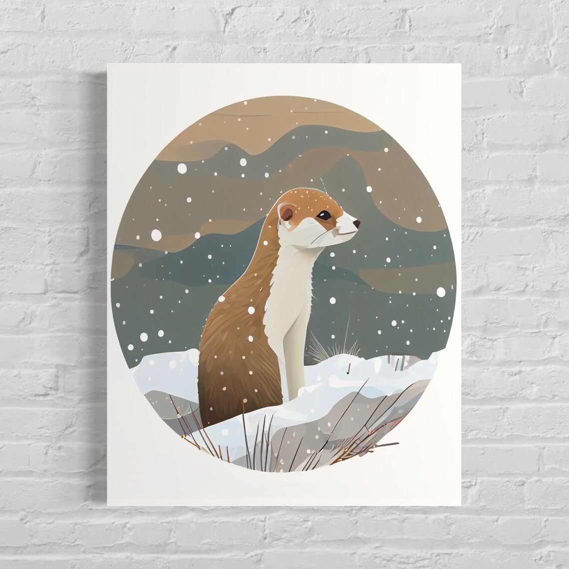 Stoat Standing in Falling Snow Winter Forest Minimal Art Poster