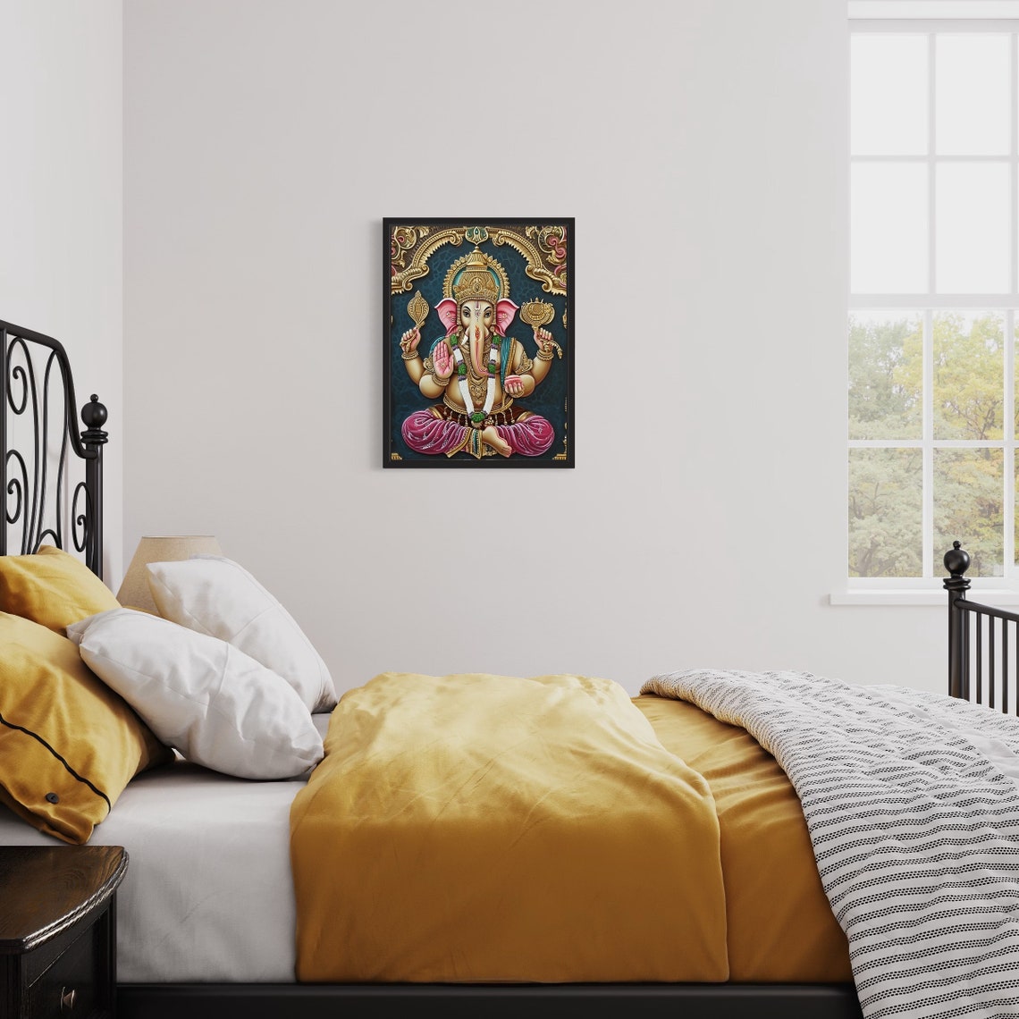 Seated Four-Armed Lord Ganesha in Gold Tanjore Style Art Poster - Image 3