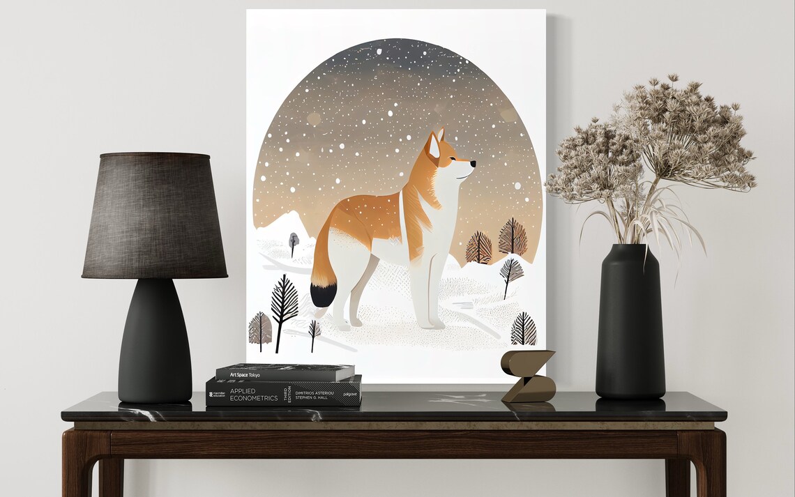 Shiba Inu in a Snowy Night Landscape Under a Starry Sky Art Poster - Image 2