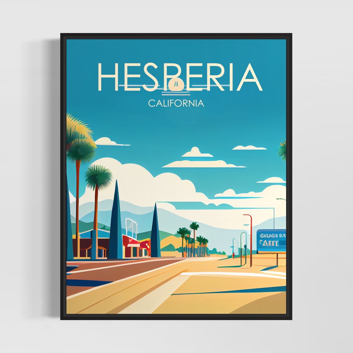 Hesperia California Sunny Retro Main Street Palm Scene Poster