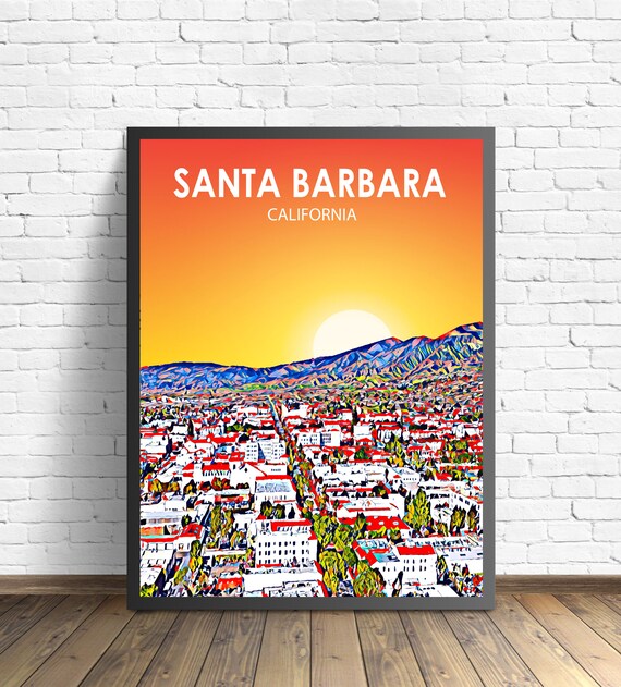 Santa Barbara California Sunset Red Tile Town Painted View Poster