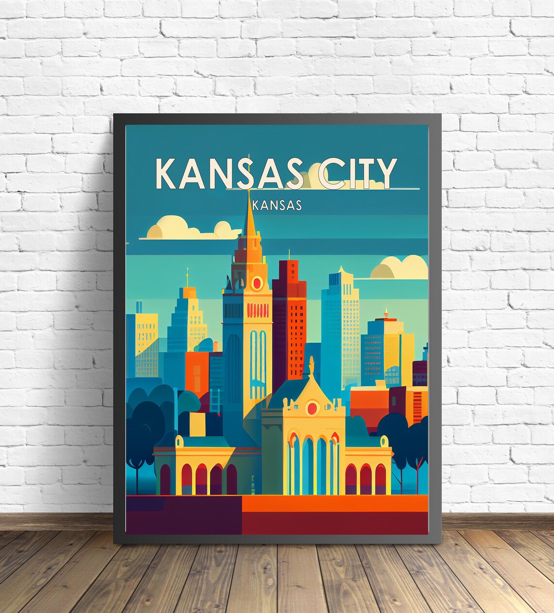 Kansas City Kansas Retro Art Deco Downtown City Skyline Poster