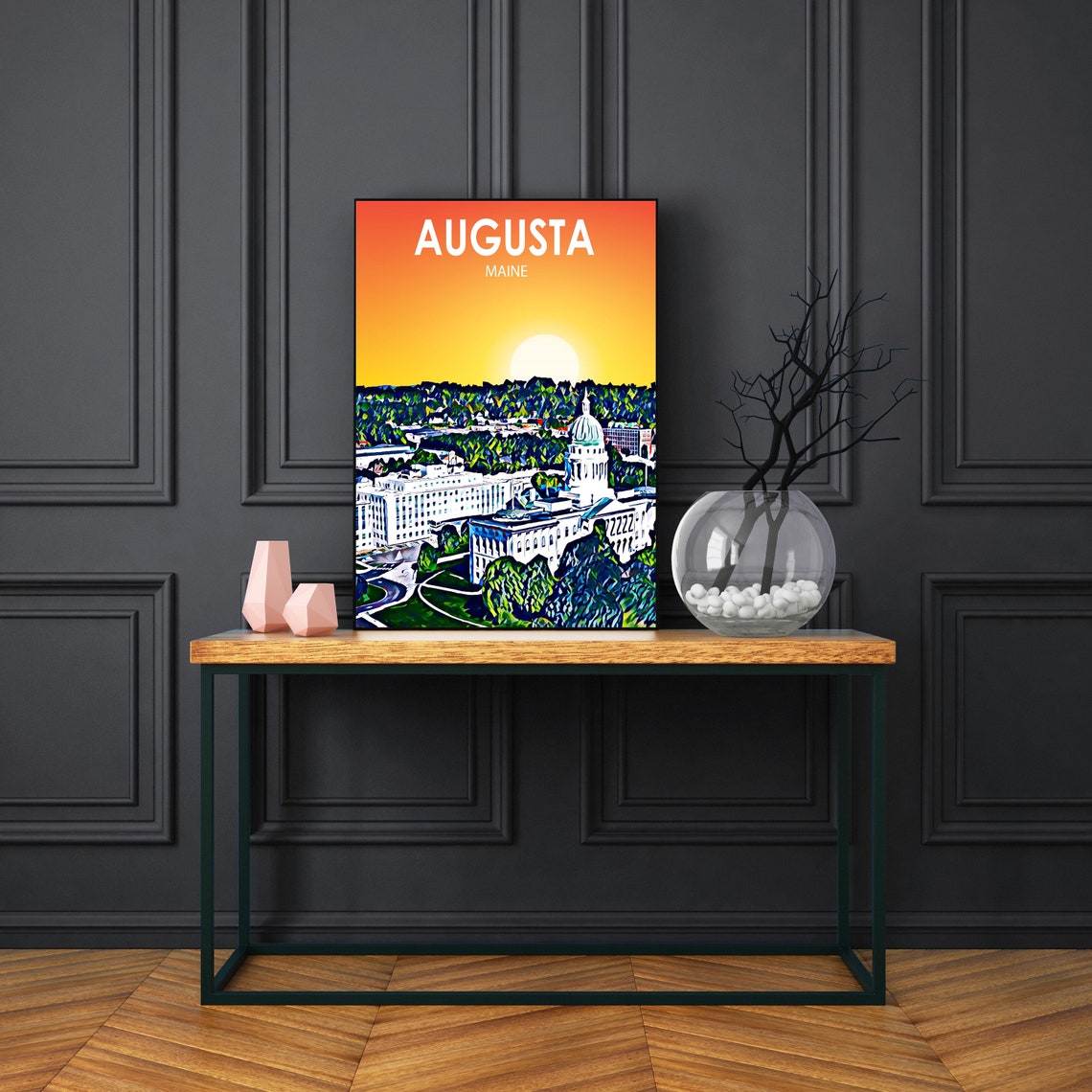 Augusta Maine Sunset Domed State House Aerial Skyline Poster - Image 3