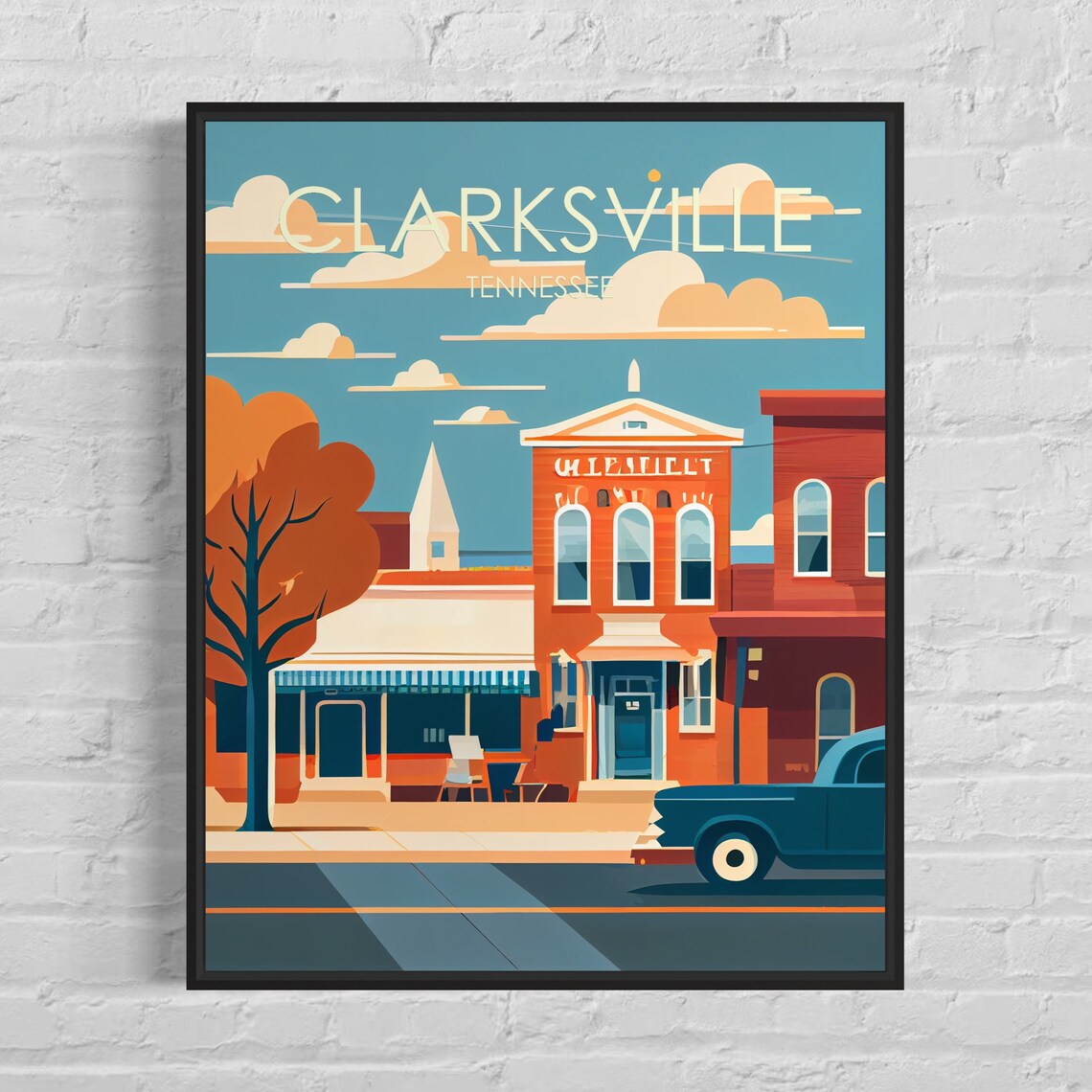 Clarksville Tennessee Downtown Street Vintage Car Retro Scene Poster