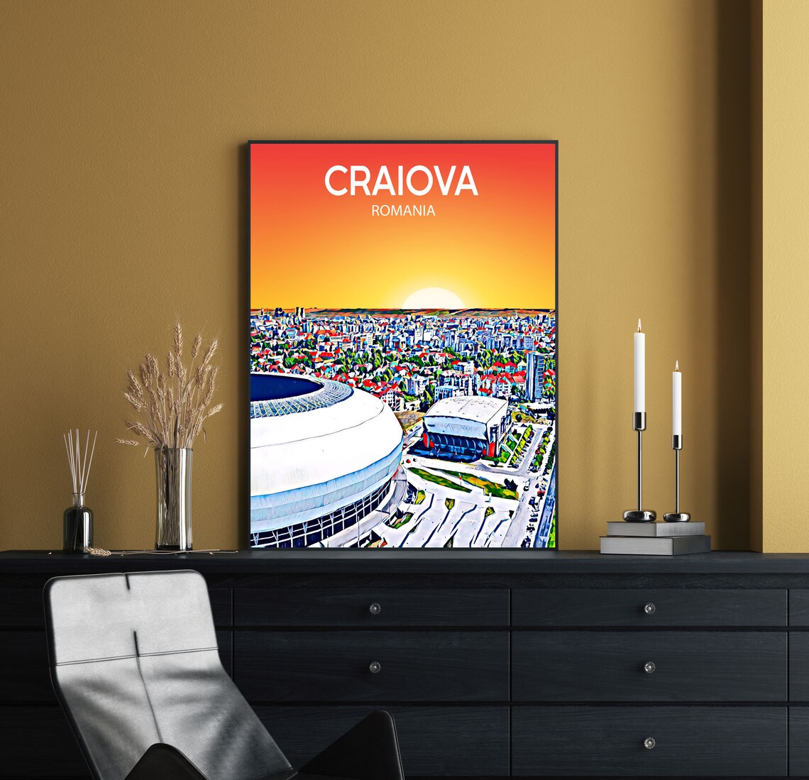 Craiova Romania Stadium Sunset Skyline Pop Art City Travel Poster - Image 2