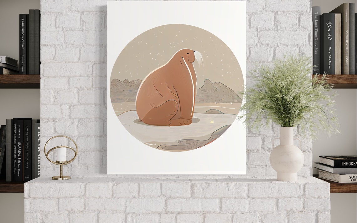 Walrus on Arctic Ice Floe in Soft Snow Retro Illustration Poster - Image 3