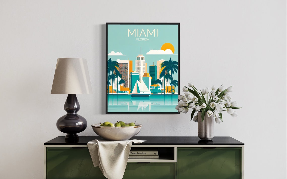 Miami Florida Skyline Palm Trees Sailboat Sunset Travel Poster - Image 3