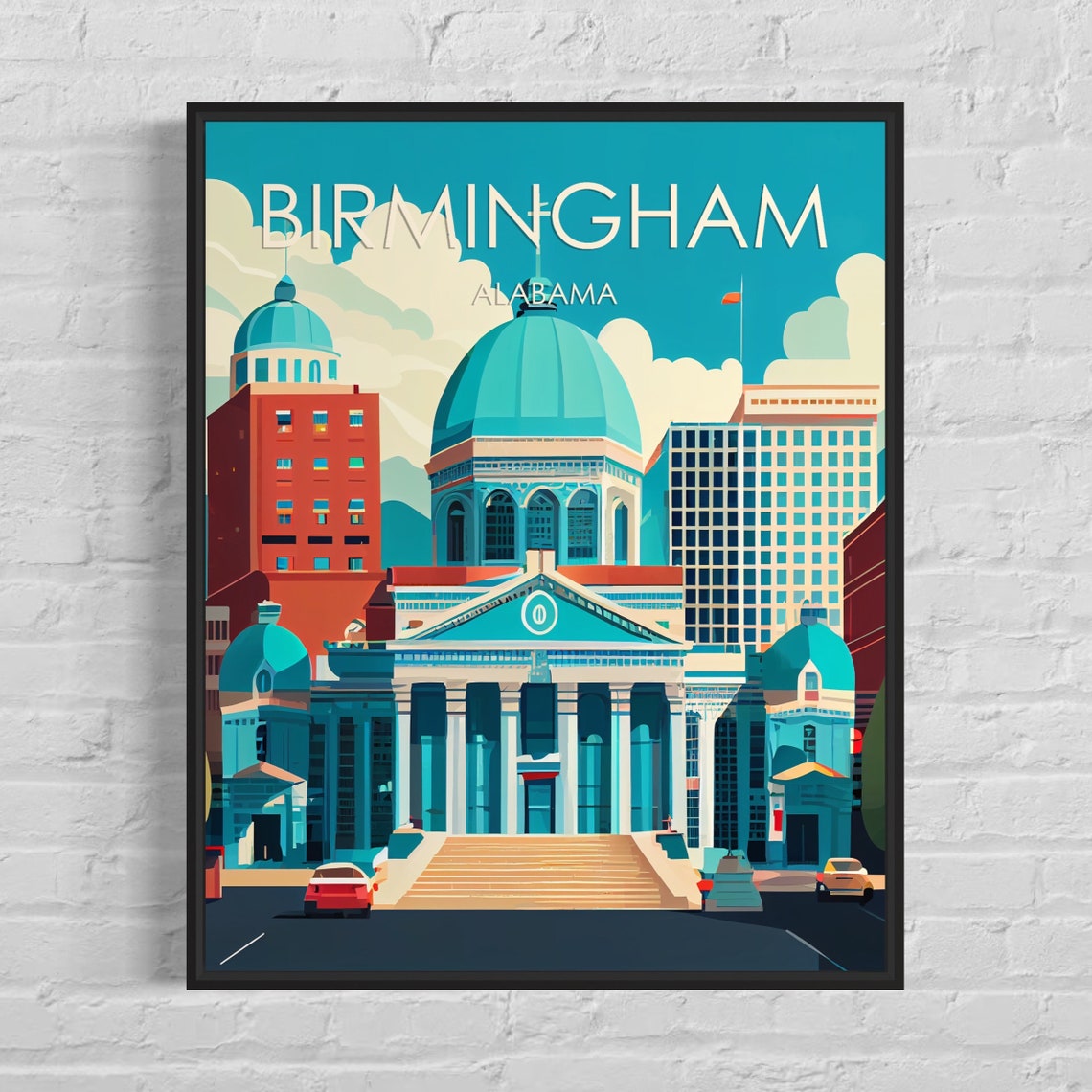 Birmingham Alabama Courthouse Downtown Skyline Vintage Art Poster