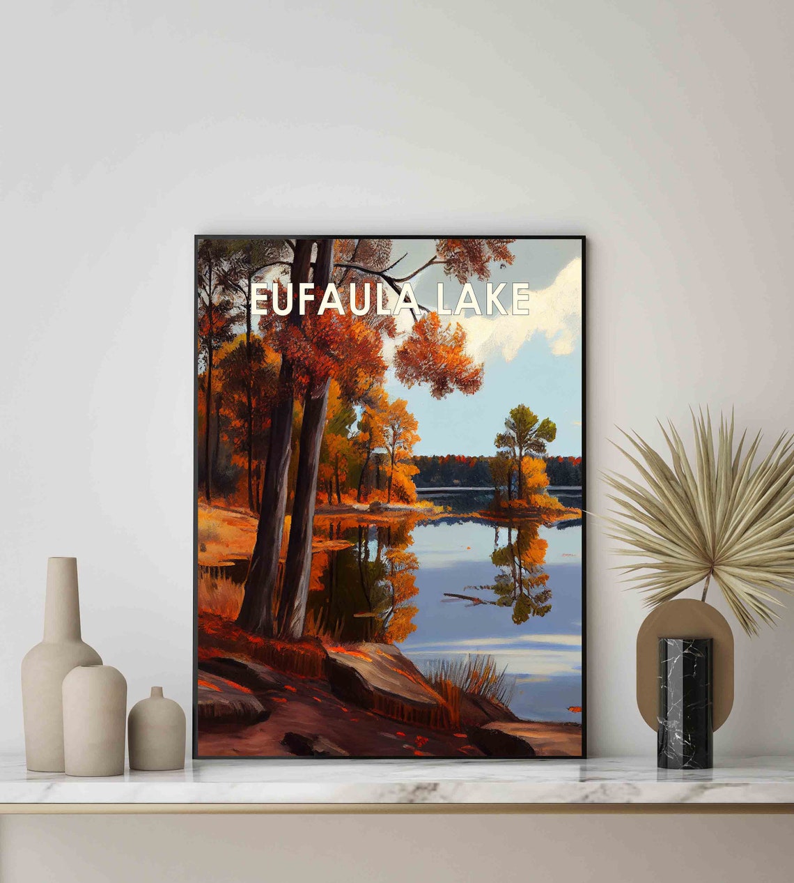Eufaula Lake Oklahoma Autumn Pines Still Water Reflections Poster - Image 2