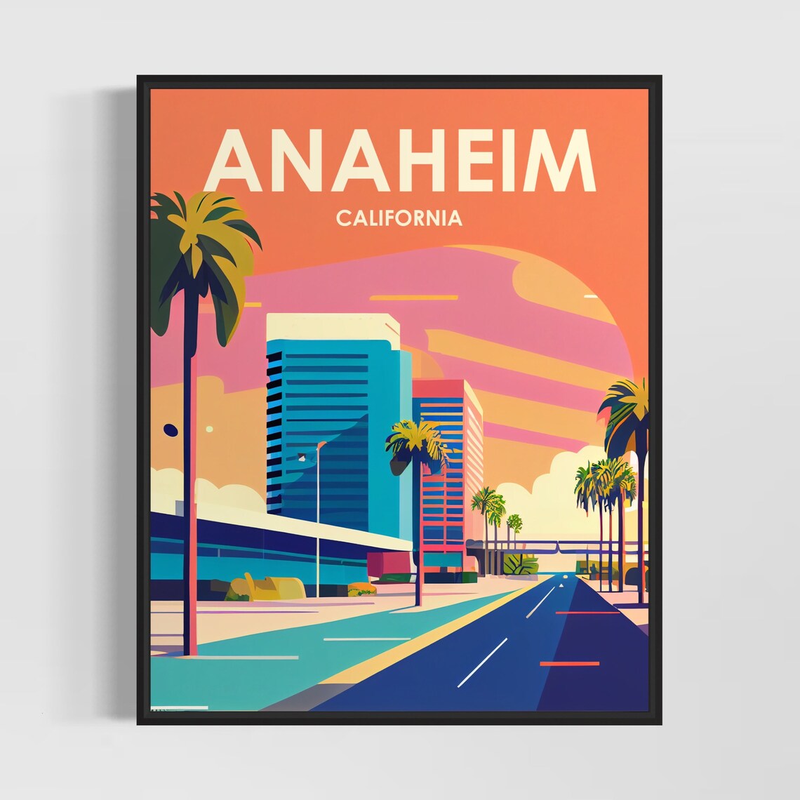 Anaheim California Downtown Towers with Palm Trees Retro Travel Poster