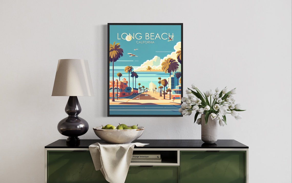 Long Beach California Beachfront Palms Ocean Breeze Art Poster - Image 2