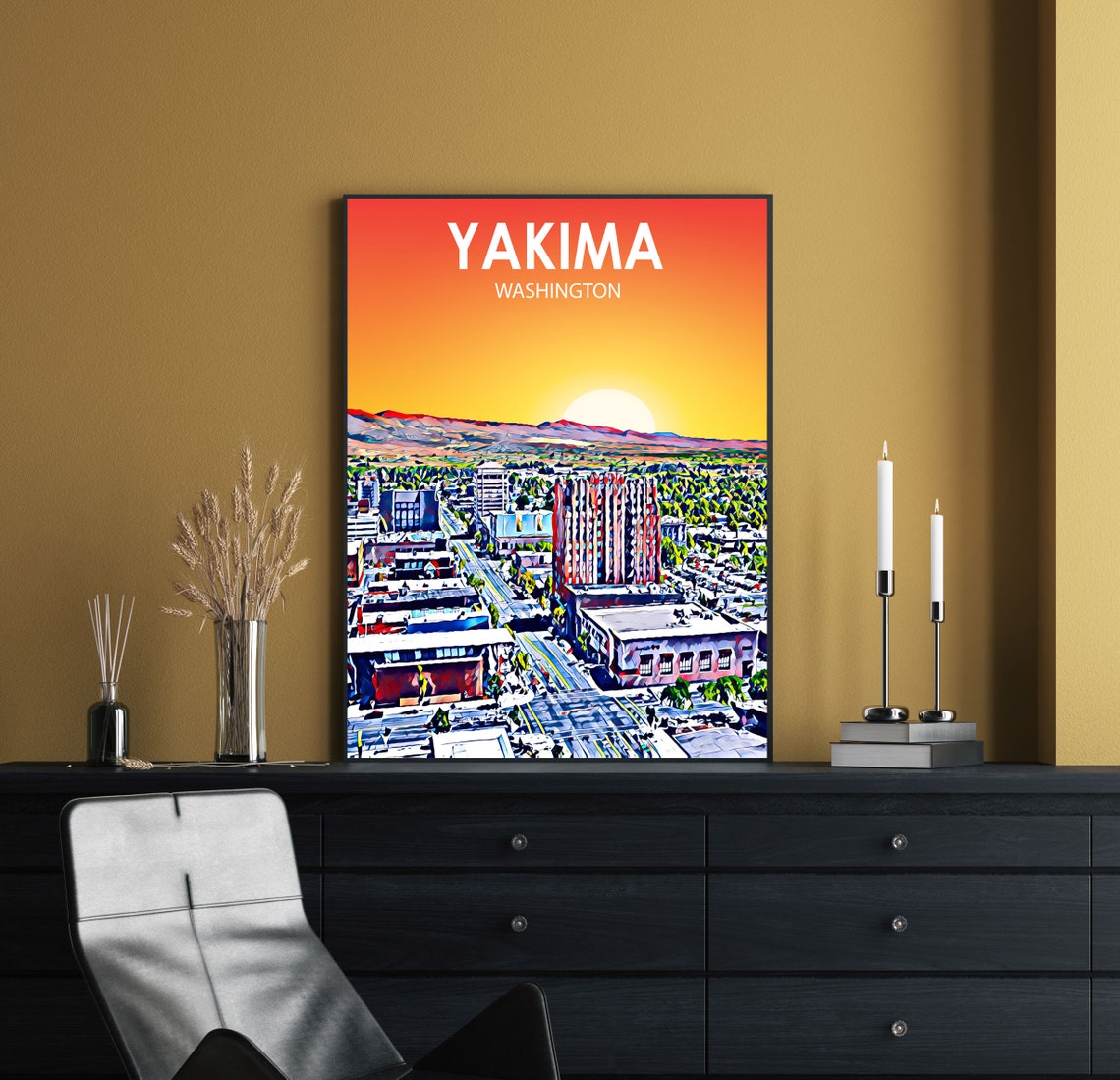 Yakima Washington Fiery Orange Sunset Skyline City Art Poster - Image 2