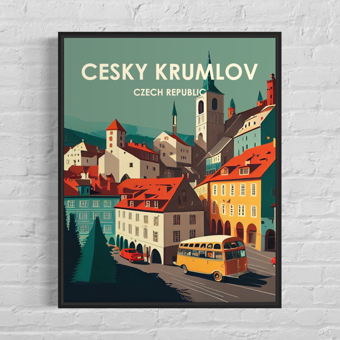 Cesky Krumlov Czech Republic Old Town Bus Retro Travel Poster