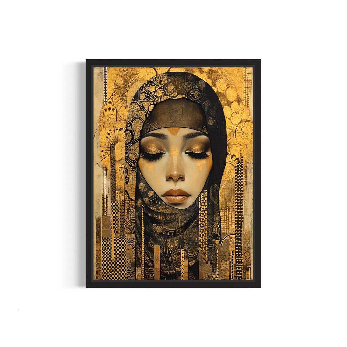 Golden Veiled Beauty Islamic Geometric Ornament Portrait Art Poster