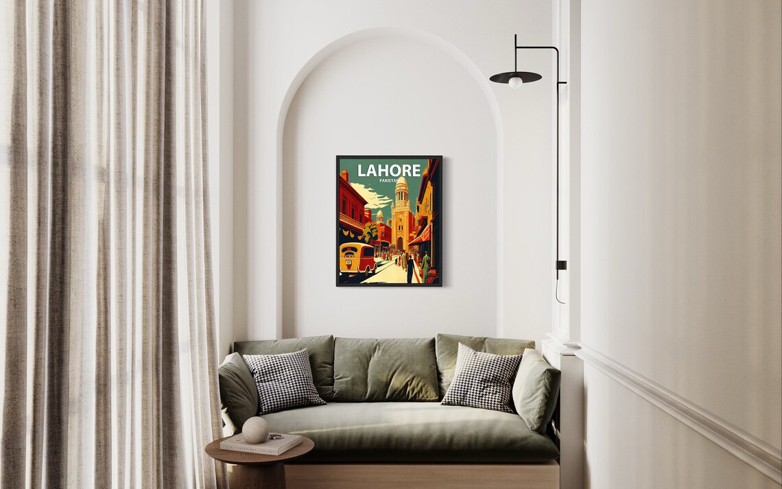 Lahore Pakistan Clock Tower Street Vintage Van Retro Travel Poster - Image 2