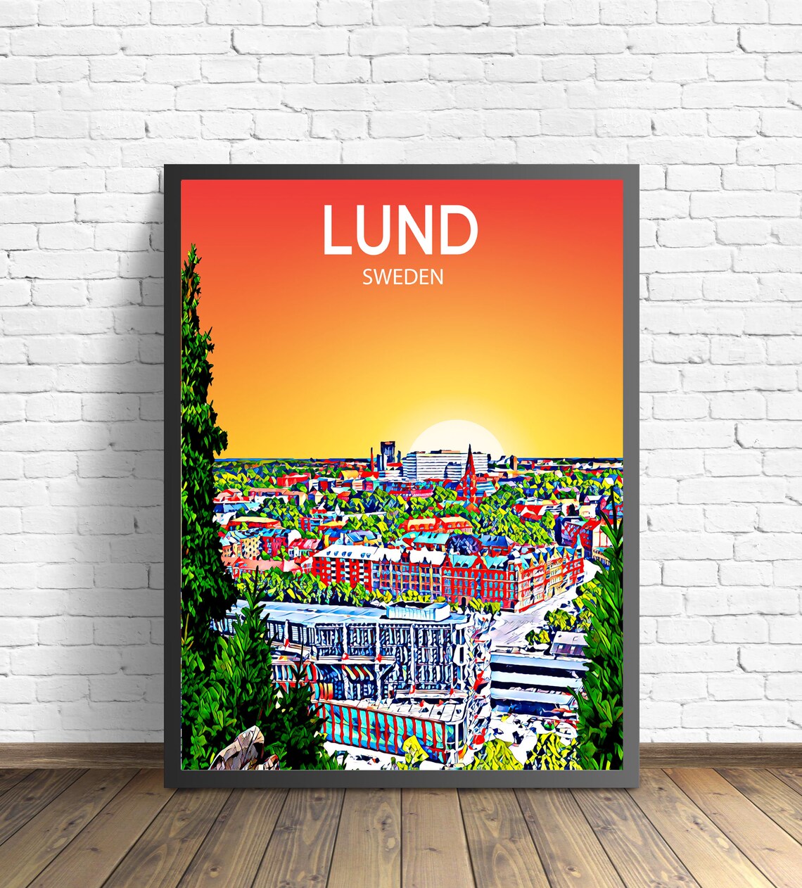 Lund Sweden Sunset City Panorama Colorful Skyline Art View Poster