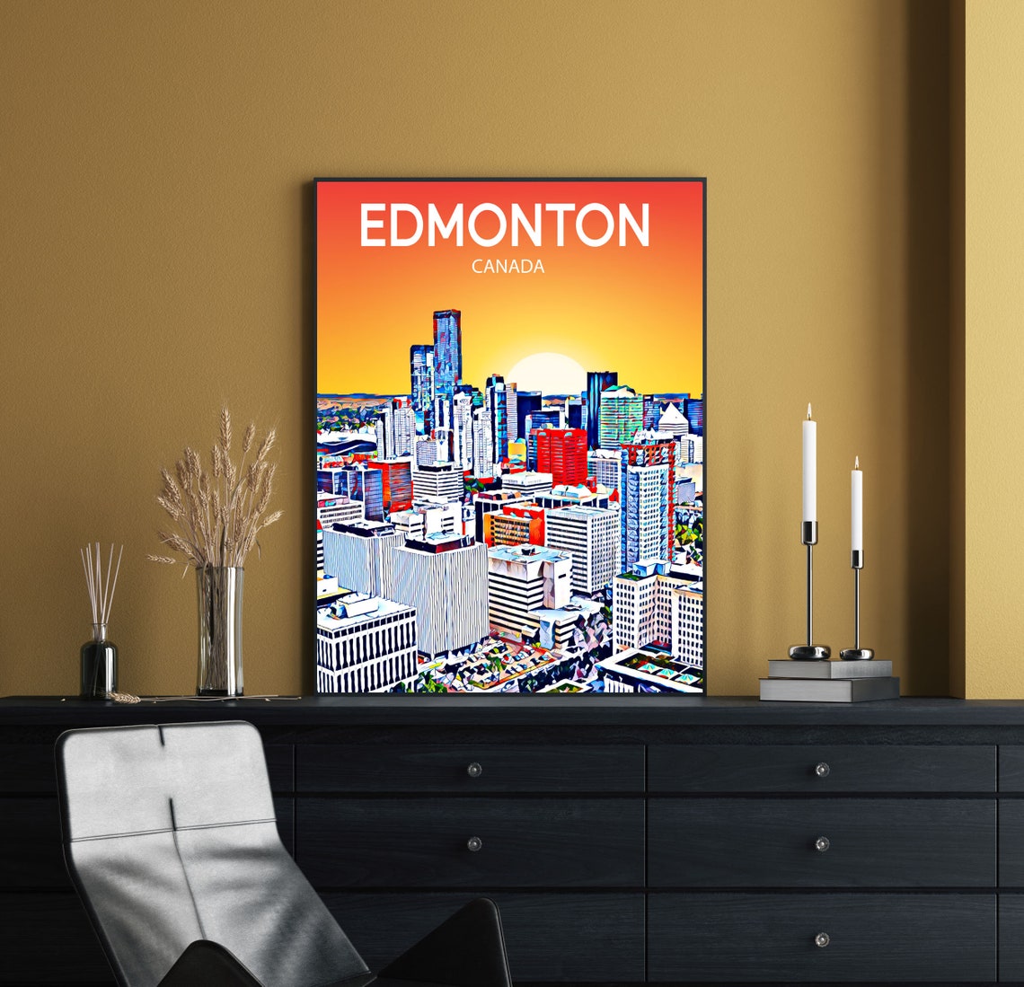 Edmonton Canada Downtown Towers Sunset Colorful Pop Art Travel Poster - Image 2