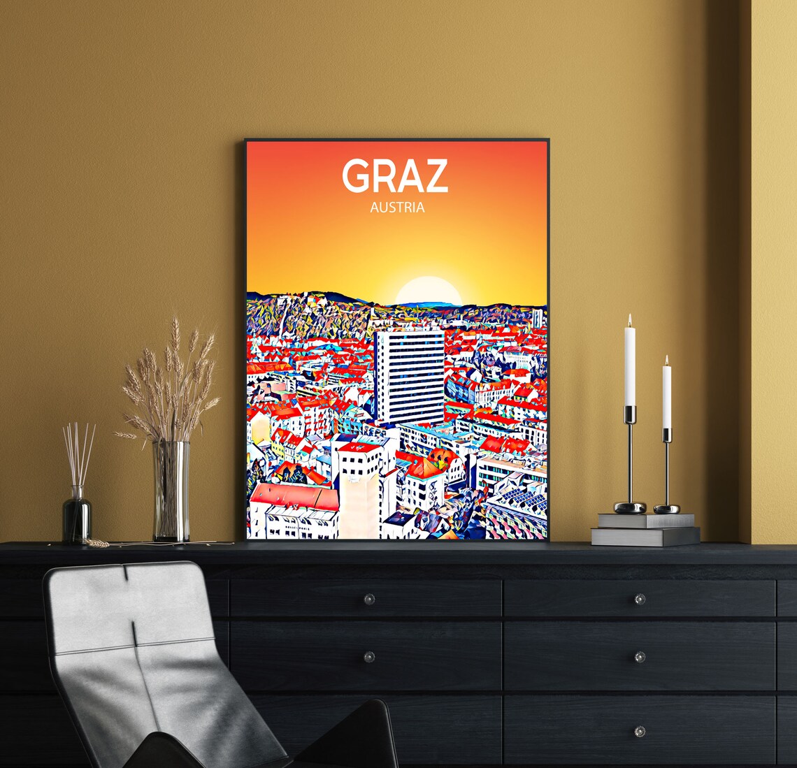 Graz Austria Old Town Sunset Rooftops Cityscape Scene Poster - Image 2