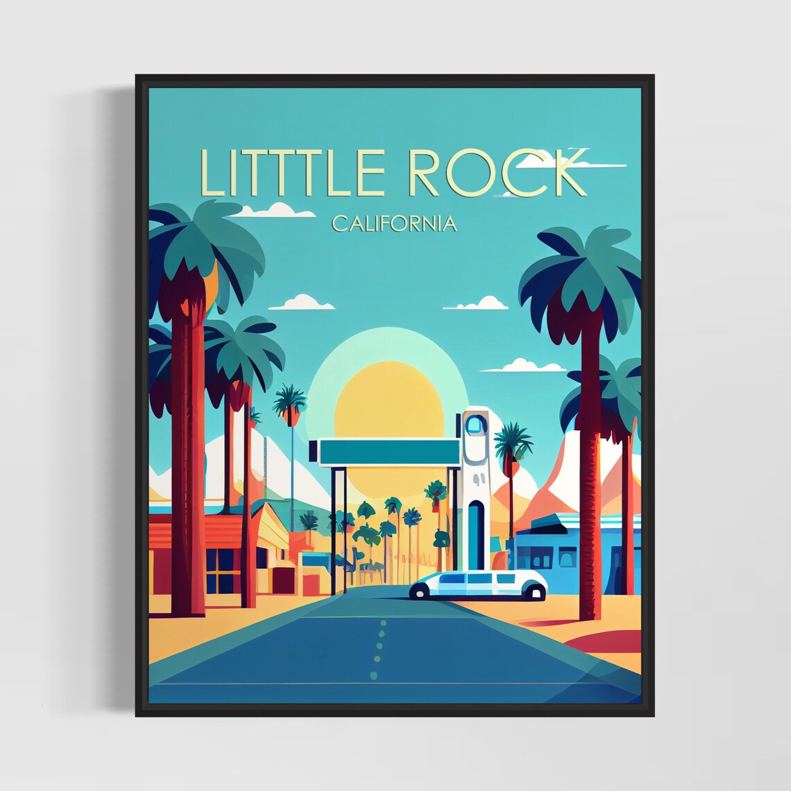 Littlerock California Retro Palm Street Arch Sunset Scene Poster