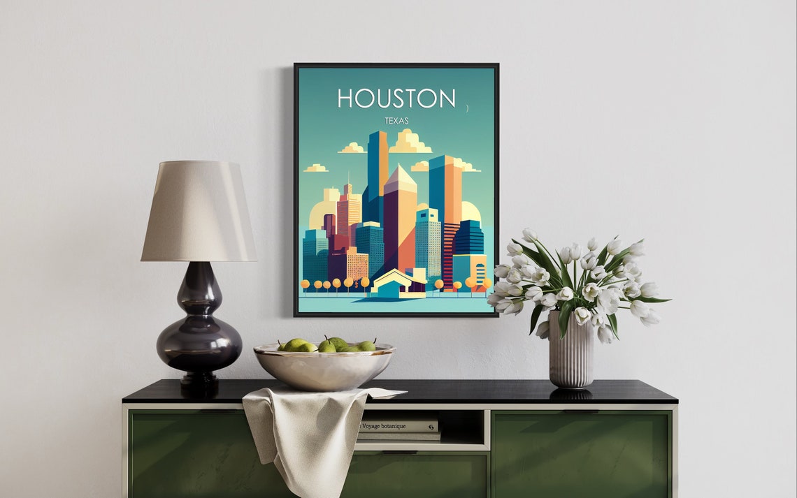 Houston Texas Retro Skyline Poster with Warm Downtown Towers - Image 2