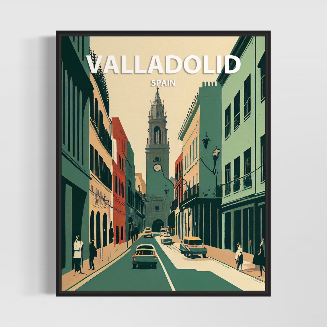 Valladolid Retro Street with Cathedral Tower and Vintage Cars Poster