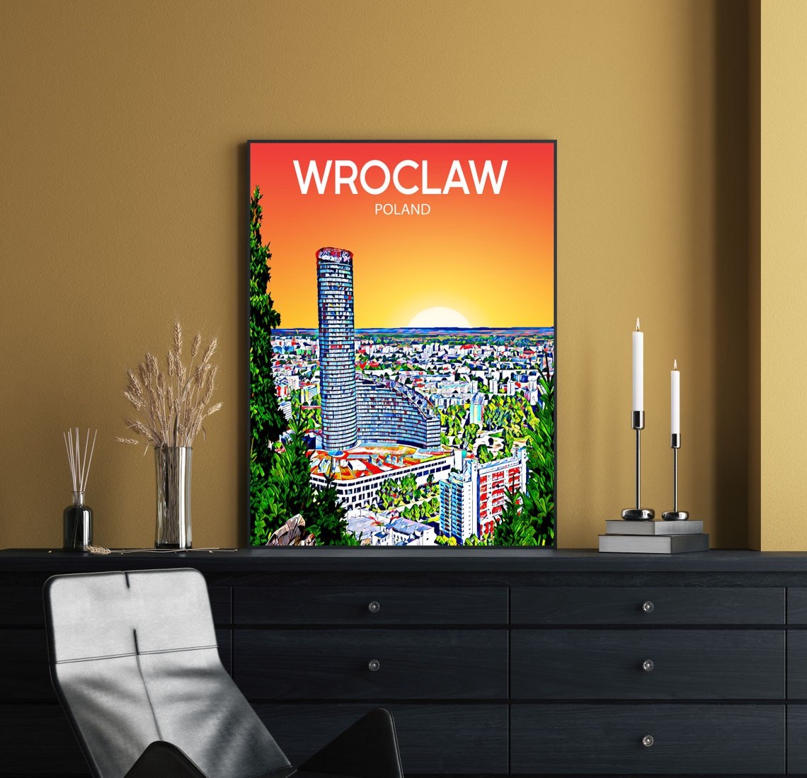 Wroclaw Poland Modern Glass Tower Sunset Skyline Pop Art Poster - Image 2