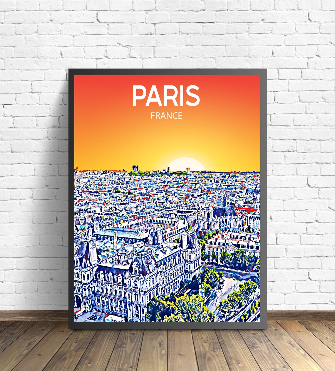 Paris France Aerial Rooftops Sunset Panorama City Skyline Art Poster