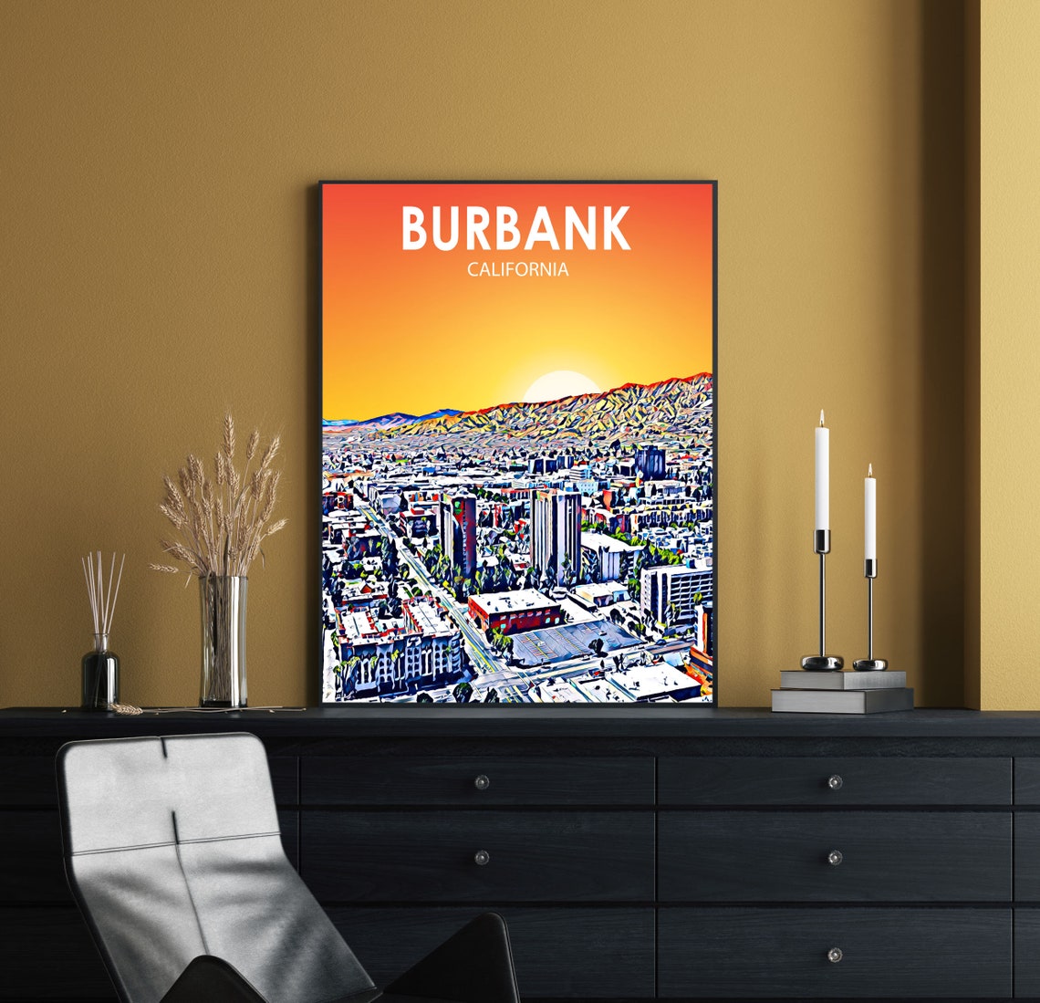 Burbank California Sunset City Skyline Against Hillside Art Poster - Image 2